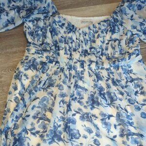 Abercrombie & Fitch Ruched Ruffle Puff Sleeve Mini Dress in Navy Floral xl tall